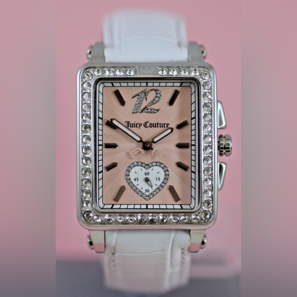 Juicy Couture Silver and Pink Rhinestone Watch with White Leather Band